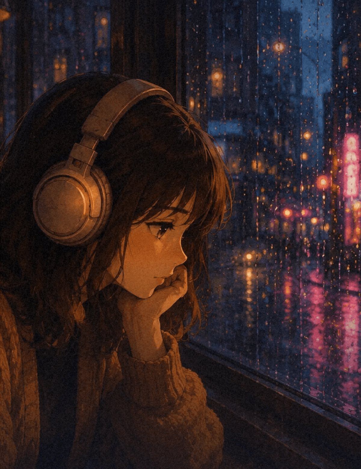 Hand-drawn artwork from Pocket Lofi's Rain station: a person in headphones watching rain on a window at night