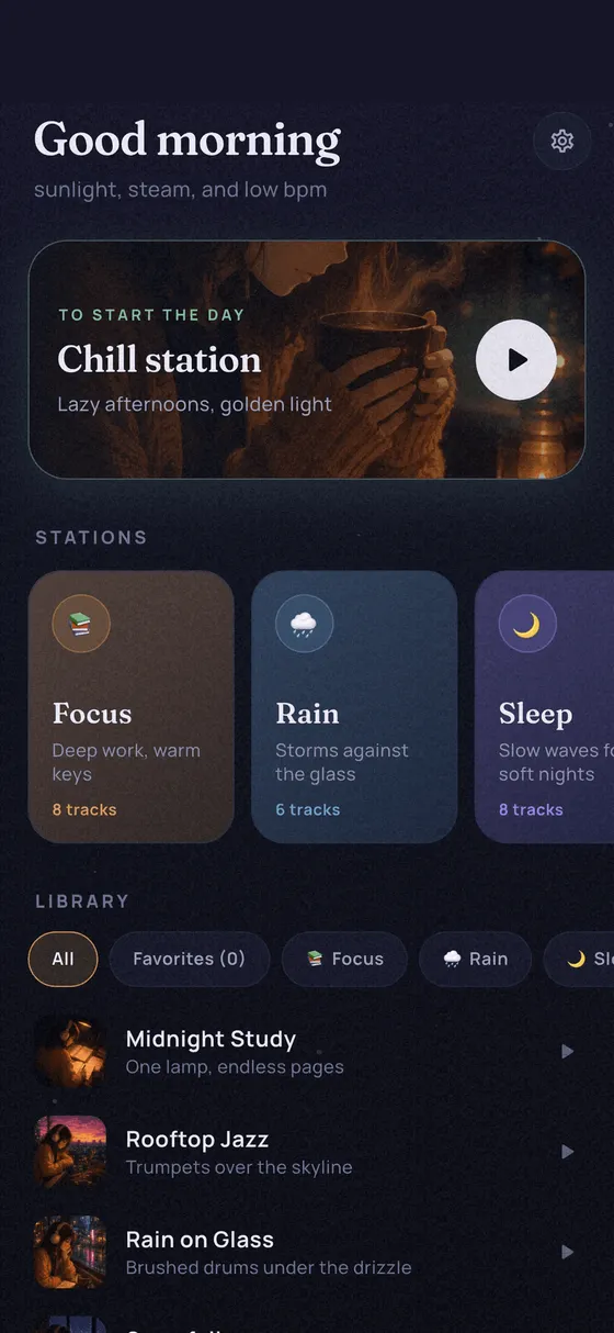 Pocket Lofi stations screen listing Focus, Rain and Sleep with their track counts