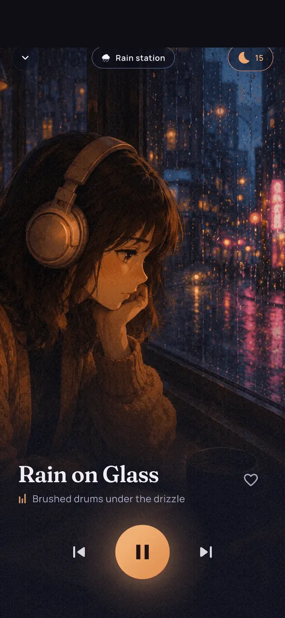 Pocket Lofi player showing hand-drawn artwork of a person in headphones watching rain on a window