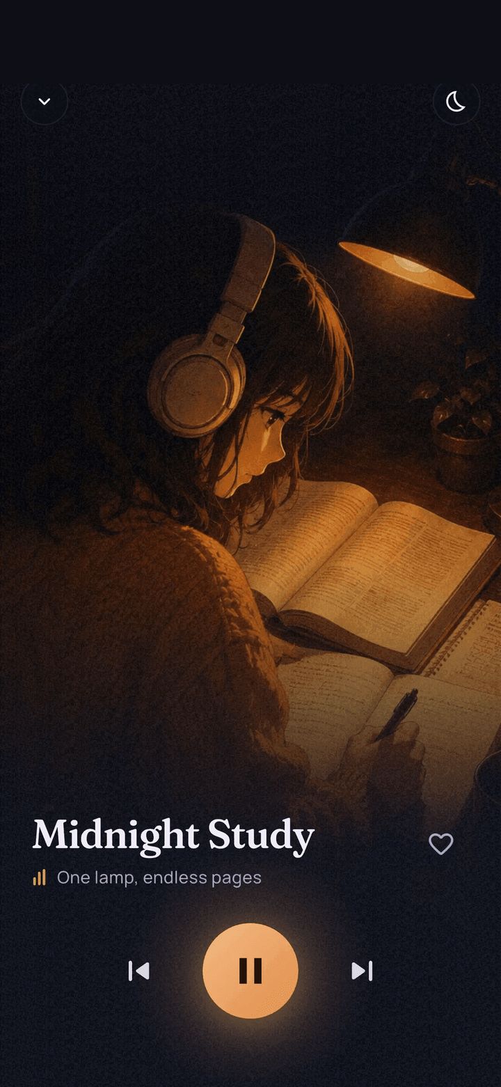 Pocket Lofi player with hand-drawn artwork of a person reading by lamplight
