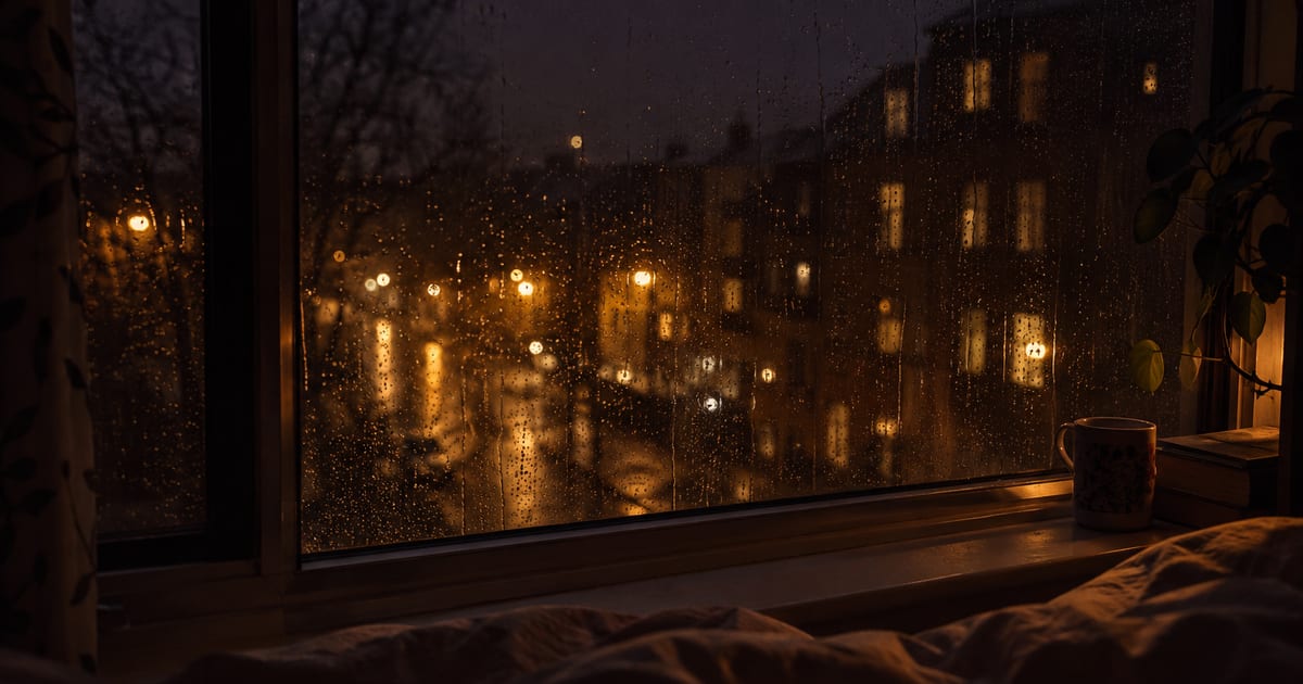 Rain running down a dark bedroom window with a single warm lamp reflected in the glass